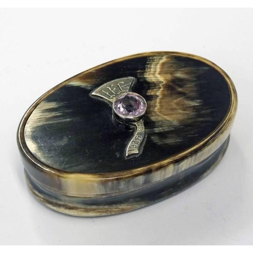 262 - SCOTTISH OVAL HORN SNUFF BOX WITH WHITE METAL THISTLE & FACETED AMETHYST TO LID - 7.4CM WIDE