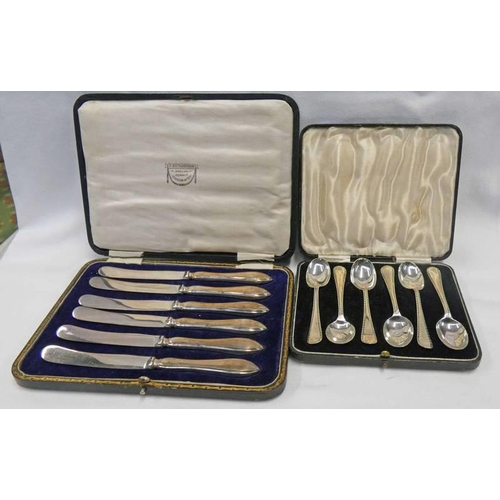 263 - CASED SET OF 6 SILVER COFFEE SPOONS BIRMINGHAM, 1934 AND CASED SET OF 6 SILVER HANDLED BUTLER KNIVES