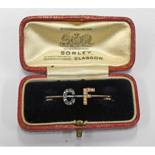 274 - EARLY 20TH CENTURY HALF PEARL & ROSE CUT DIAMOND BROOCH SET IN THE INITIALS C F