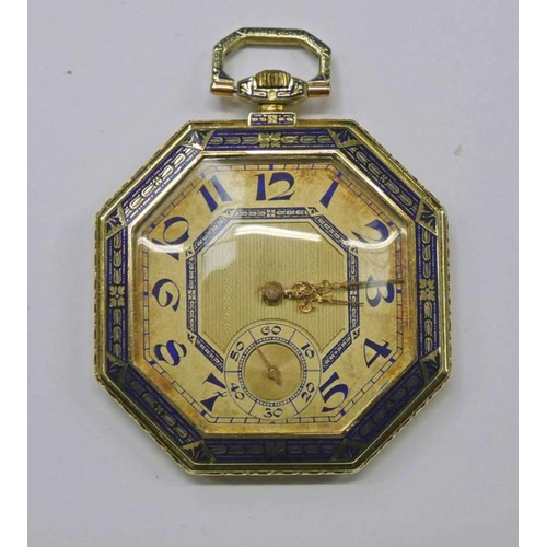 291 - 14K GOLD LONGINES OCTAGONAL OPENFACE POCKETWATCH WITH BLUE ENAMEL DECORATION, THE WORKS NO 3481914 -... 