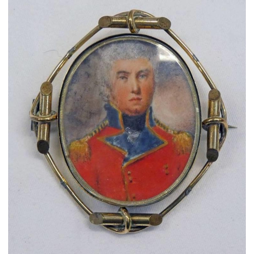 294 - 19TH CENTURY GILT FRAMED OVAL PORTRAIT MINIATURE BROOCH OF A SENIOR  MILITARY OFFICER - 8CM LONG OVE... 