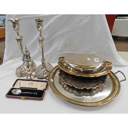 306 - VARIOUS SILVER PLATED WARE INCLUDING A PAIR OF 19TH CENTURY CANDLESTICKS, SALVER, 2-HANDLED TRAY, ET... 