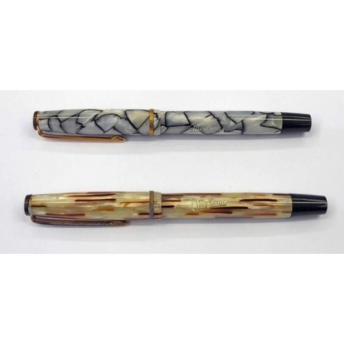 314 - MERLIN FOUNTAIN PEN WITH SILVERY BLUE BODY & MERLIN FOUNTAIN PEN GREEN MARBLED BODY - BOTH WITH 14K ... 