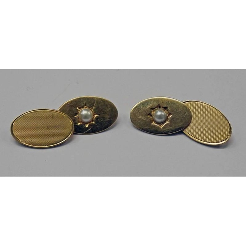 345 - PAIR OF 18CT GOLD PEARL SET OVAL CUFFLINKS - 9.9G