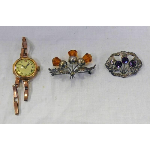 348 - 9CT GOLD LADIES WRISTWATCH, STERLING SILVER THISTLE BROOCH & 1 OTHER