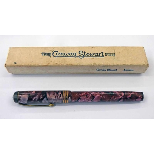 354 - CONWAY STEWART NO.388 RED & BLACK MARBLED FOUNTAIN PEN WITH 14CT GOLD NIB, BOXED