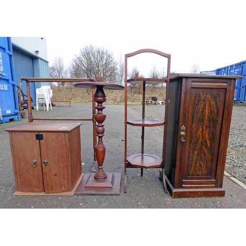 5005 - MAHOGANY BEDSIDE CABINET WITH PANEL DOOR. MAHOGANY TOWEL RAIL, MAHOGANY CAKE STAND. MAHOGANY POT STA... 