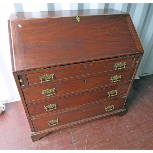 5008 - EARLY 20TH CENTURY MAHOGANY BUREAU WITH FALL FRONT OVER 4 DRAWERS ON BRACKET SUPPORTS.  LENGTH 96 CM