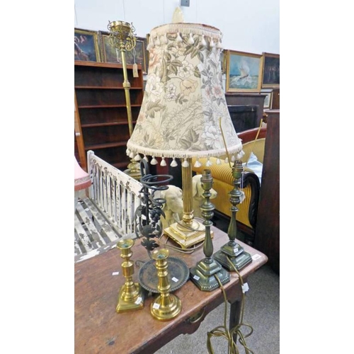 5018 - BRASS CORINTHIAN PILLAR, TABLE LAMP & 2 METAL TABLE LAMPS & WROUGHT IRON HOLDER & 2 X 19 THE CENTURY... 