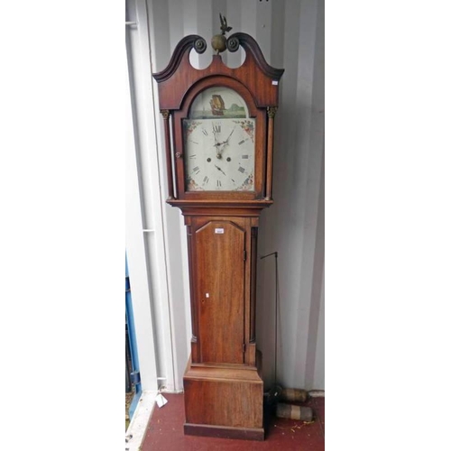 5027 - MAHOGANY LONG CASE CLOCK WITH DECORATIVE PAINTED DIAL DEPICTING BRITISH SHIP.  HEIGHT 203 CM