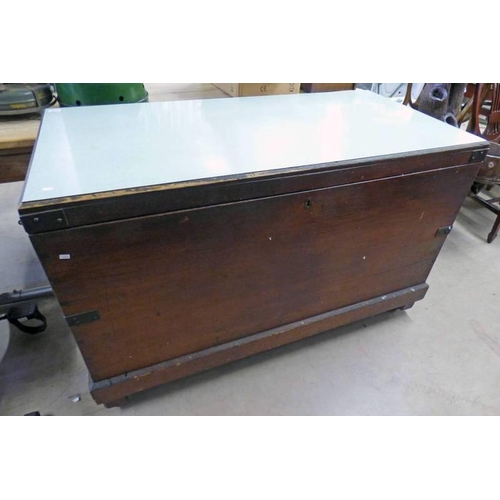 5029 - 19TH CENTURY METAL BOUND PINE COFFER LARGE SIZE LENGTH 137 CM WITH LATER FORMICA TOP