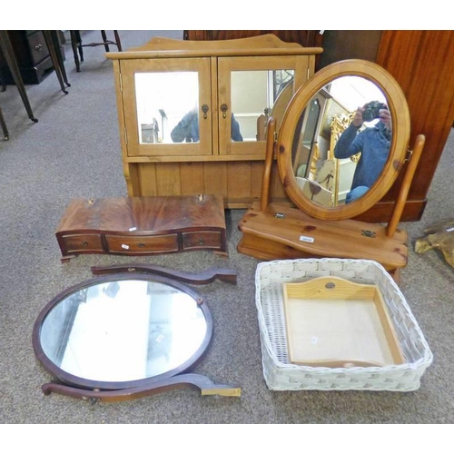 5032 - 20TH CENTURY PINE DRESSING MIRROR , BASKET, PINE TRAY & PINE WALL CABINET WITH 2 MIRROR DOORS