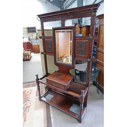 5070 - LATE 19TH CENTURY OAK HALLSTAND WITH MIRROR PANEL FLANKED BY 2 CARVED PANELS WITH DRAWER