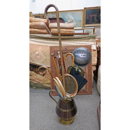 5081 - 19TH CENTURY BRASS WARMING PAN WITH ENGRAVED DECORATION & LARGE COPPER & BRASS JUG, & VARIOUS WALKIN... 