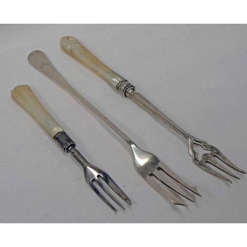 51 - VICTORIAN SILVER & MOTHER OF PEARL PICKLE FORK, 1 OTHER SIMILAR & SILVER PICKLE FORK