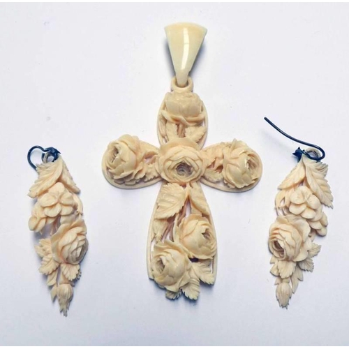 603 - LATE 19TH CENTURY CARVED IVORY FLORAL PENDANT & PAIR OF MATCHING EARDROPS, PENDANT 9CM LONG