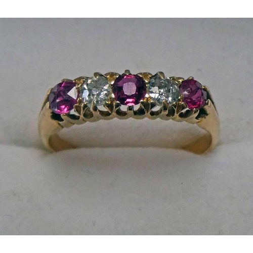 65 - DIAMOND AND RUBY 5 STONE RING, THE CENTRALLY SET RUBY WITH BRILLIANT CUT DIAMOND AND RUBY TO EITHER ... 