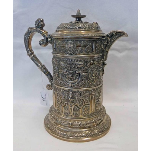 71 - VICTORIAN SCOTTISH SILVER LIDDED FLAGON, WITH CHASED THISTLE, BIRD STAG, FIGURAL & MASK DECORATION T... 