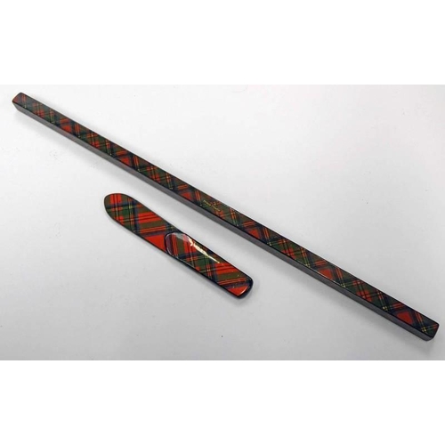 82 - MAUCHLINE TARTAN WARE PAGE MARKER, STUART TARTAN - 11CM LONG, AND RULE, PRINCE CHARLIE TARTAN 30.3CM... 