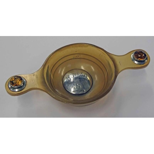 99 - SCOTTISH PROVINCIAL SILVER MOUNTED HORN QUAICH, THE HANDLES SET WITH CITRINES BY WILLIAM DUNNINGHAM ... 