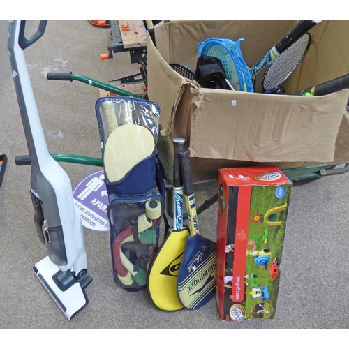 1008 - SELECTION OF SPORTS EQUIPMENT AND TOOLS TO INCLUDE A WHEEL BARROW, TENNIS RACKETS, ETC