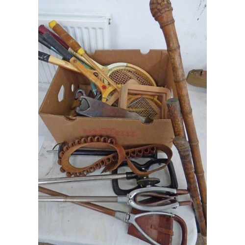 1574 - TENNIS RACQUETS, LEATHER CARTRIDGE BELT, SHOOTING STICKS ETC