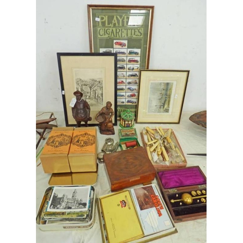 1578 - VARIOUS ITEMS TO INCLUDE POSTCARDS, FRAMED CIGARETTE CARDS, CARVED FIGURE, EPNS CUTLERY, HYDROMETER ... 