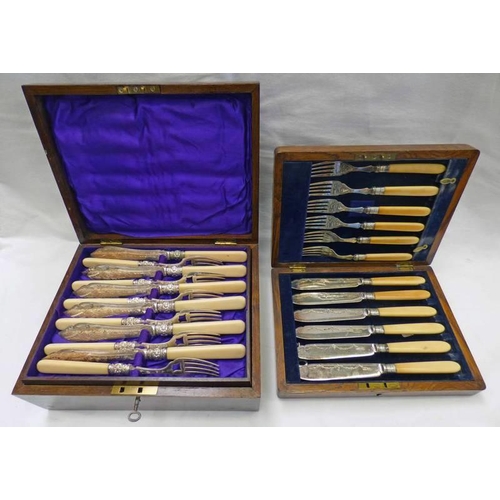 18 - MAHOGANY & WALNUT CASED SET OF 18 PAIRS OF SILVER PLATED FISH KNIVES & FORKS, & AN OAK CASED SET OF ... 