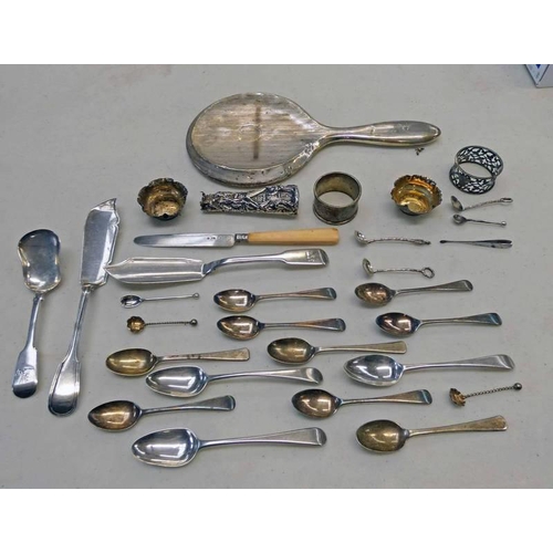 2 - SILVER BACKED MIRROR, VARIOUS SILVER CUTLERY, VARIOUS SILVER TEASPOONS, KNIFE, SALT SPOONS, NAPKIN R... 