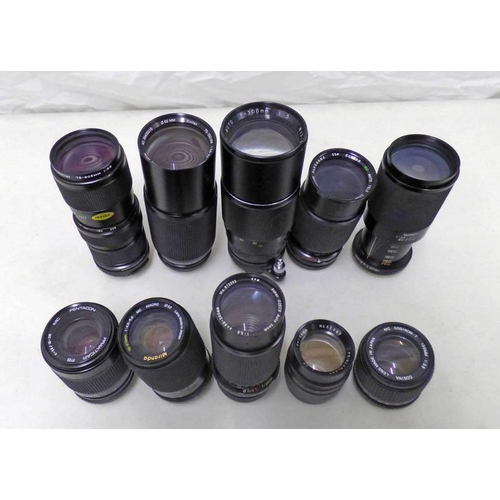 2001 - SELECTION OF 10 CAMERA LENSES INCLUDING VITITAR 75-205MM 1:38 58MM, PRAKTICAR PB 4-5.6/70-210 MC, TA... 