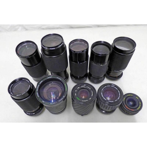 2002 - SELECTION OF 10 CAMERA LENSES INCLUDING BELL & HOWELL 1:28 F=28MM, HANIMEX 28-200MM 1:3.5-5.6 MACRO ... 