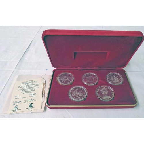 2034 - 1979 ISLE OF MAN SILVER PROOF MILLENMIUM CROWNS  5 - SET, IN CASE OF ISSUE WITH C.O.A.