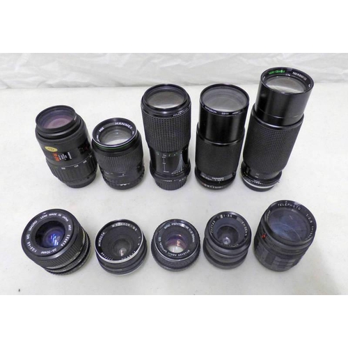 2065 - SELECTION OF 10 CAMERA LENSES INCLUDING PENTAX -F ZOOM 1:4-5.6 70-210MM, HANIMEX 1:2.8 F 135MM PENTA... 