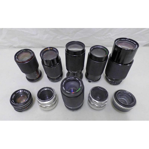 2066 - SELECTION OF 10 CAMERA LENSES INCLUDING MITAKON MC 1:4.5 F=80-20MM, CENTON MC ZOOM 1:4.0-5.6 F=70-21... 