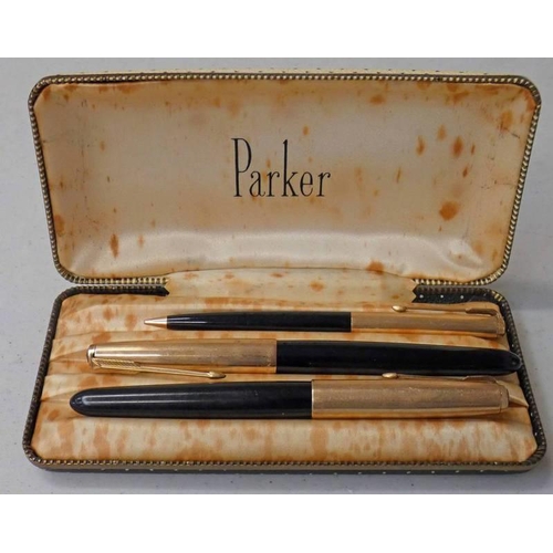 2418 - CASED SET OF 3 PARKER PENS, ONE MARKED PARKER 61