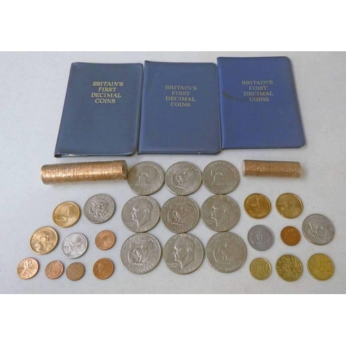 2423 - SELECTION OF VARIOUS WORLDWIDE COINS TO INCLUDE 9 1970'S US DOLLARS, BRITAIN FIRST DECIMAL COIN, 5 -... 