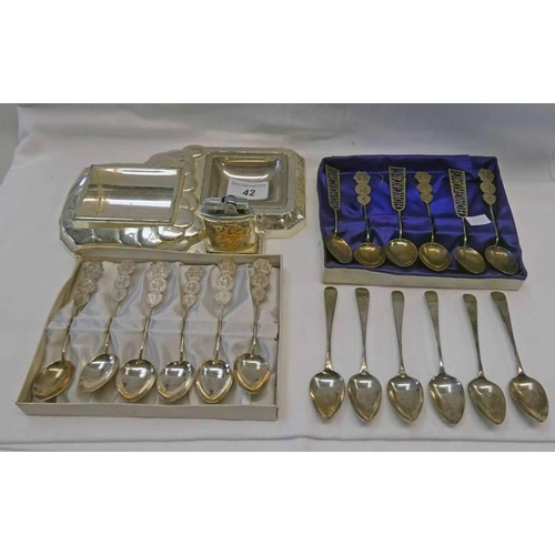 42 - 2 SETS OF 6 CHINESE WHITE METAL TEASPOONS, SET OF 6 SILVER TEASPOONS LONDON 1801 & DESKSTAND WITH LI... 