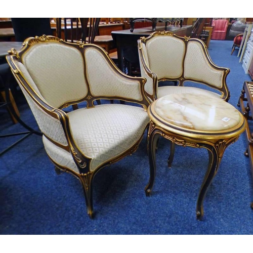 5008 - PAIR OF CONTINENTAL GILT ARMCHAIRS WITH CARVED DECORATION & CABRIOLE SUPPORTS 78CM TALL,  & WINE TAB... 