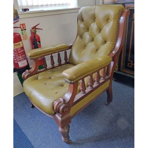 5010 - 19TH CENTURY GREEN LEATHER BUTTON BACK GENTLEMANS ARMCHAIR ON TURNED SUPPORTS