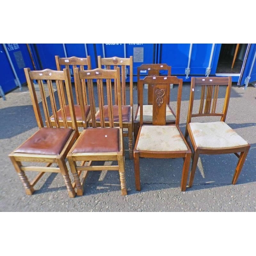 5027 - 4 EARLY 20TH CENTURY OAK DINING CHAIRS ON BARLEY TWIST SUPPORTS & 3 OTHER CHAIRS