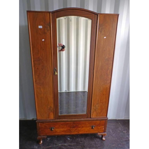 5039 - WALNUT MIRROR DOOR WARDROBE OVER BASE WITH SINGLE DRAWER ON QUEEN ANNE SUPPORTS, LENGTH 105CM