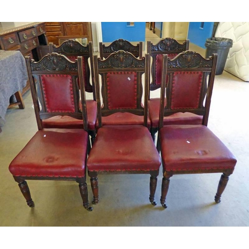 5041 - SET OF 6 EARLY 20TH CENTURY OAK DINING CHAIRS UPHOLSTERED WITH RED LEATHER ON TURNED SUPPORTS