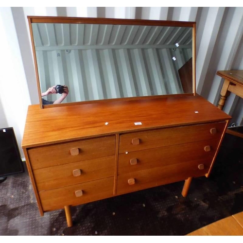 5042 - TEAK DRESSING TABLE WITH MIRROR AND 3 SHORT DRAWERS NEXT TO 3 LONG DRAWERS ON TAPERED SUPPORTS, LENG... 