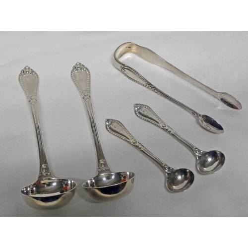 51D - PAIR OF SILVER SAUCE LADLES MATCHING SALT SPOONS & SUGAR TONGS, LONDON 1857  - 220 G