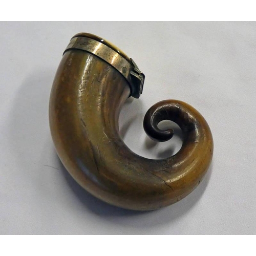 52 - 19TH CENTURY SCOTTISH HORN SNUFF MULL WITH SILVER BAND & IVORY LID