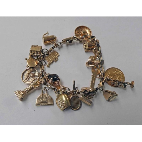 600 - 9CT GOLD CHARM BRACELET AND VARIOUS CHAINS INCLUDING 1906 HALF SOVEREIGN - 56G