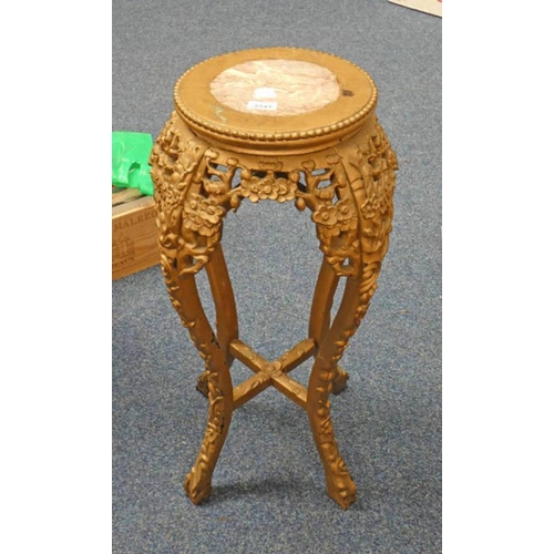 129 - ORIENTAL PAINTED CARVED HARDWOOD POTSTAND WITH MARBLE INSERT 72CM TALL