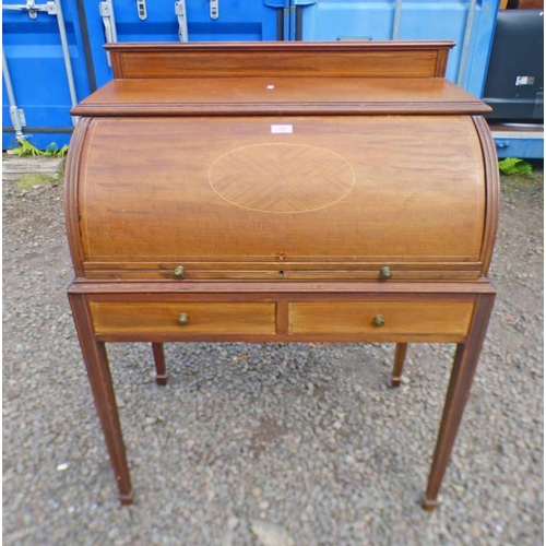 142 - EARLY 20TH CENTURY INLAID MAHOGANY CYLINDER BUREAU ON TAPERED SUPPORTS