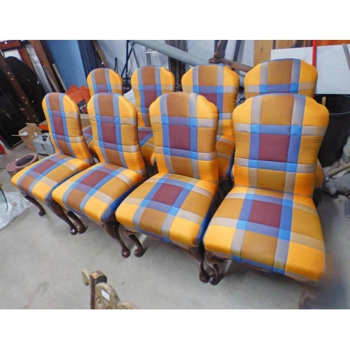 144 - SET OF 8 HARDWOOD DINING CHAIRS ON QUEEN ANNE SUPPORTS WITH ORANGE, BLUE & RED COVERING