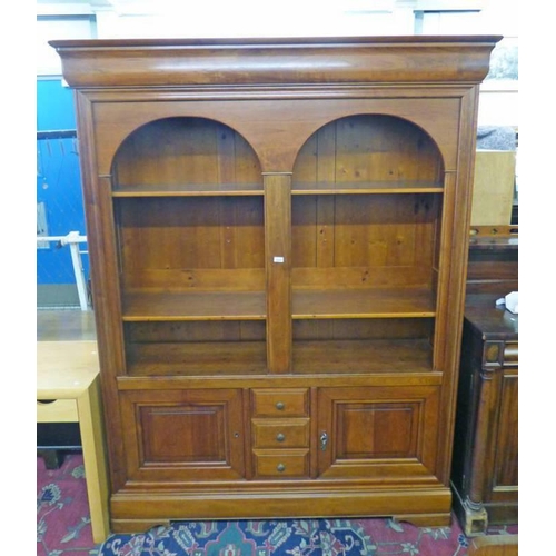 151 - YEW WOOD BOOKCASE WITH SHELVED AREA OVER 3 DRAWERS WITH 2 PANEL DOORS, WIDTH 156CM
